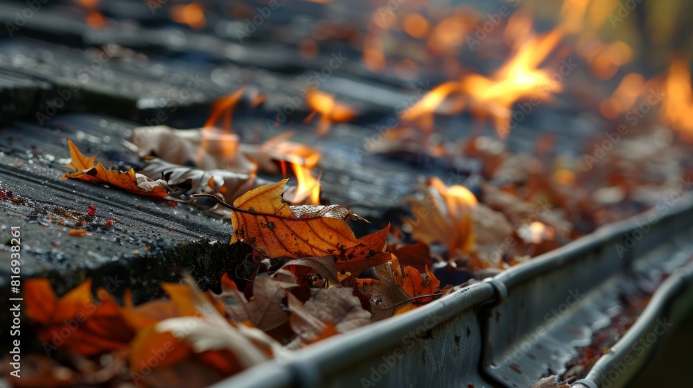 Urgent and clear close-up of leaves on fire in a home's roof gutters, illustrating the dangers of fire in residential areas Urgent and clear close-up of leaves on fire in a home's roof gutters, illustrating the dangers of fire in residential areas
