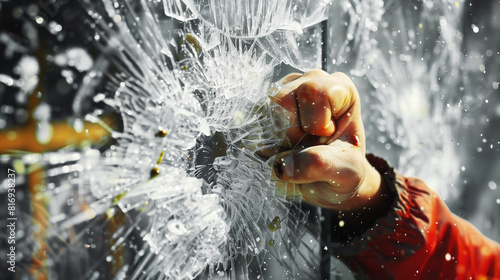 A close-up shot of a fist breaking through a glass window, capturing the impact and shattering glass effect. The fist is covered in a red sleeve. photo