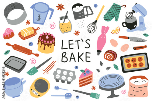 Baking utensils set, kitchenware collection, whisk, sifter, mixer doodle icons, vector illustrations of ingredients for cookies and cakes, cartoon baker equipment with lettering, lets bake