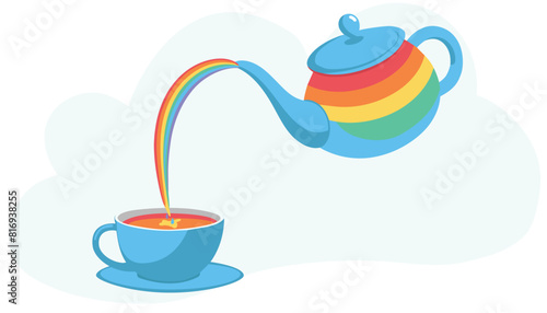 Rainbow tea. A teapot, a cup and a saucer. A rainbow teapot pours tea into a tea mug with a saucer. Vector compositions depicting a tea party.