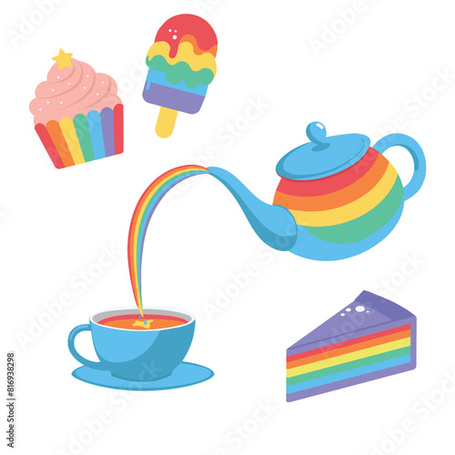 Rainbow sweets, a cake, ice cream, a piece of cake. A teapot, a cup and a saucer. A rainbow teapot pours tea into a tea mug with a saucer. 