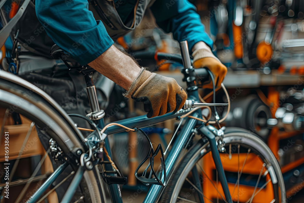 Bike mechanic skillfully repairing a folding bicycle in a well-equipped workshop Bike mechanic skillfully repairing a folding bicycle in a well-equipped workshop