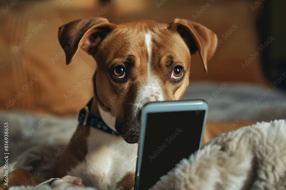 Tech-Savvy Pup: Dog Holding a Smartphone. Generative AI. Tech-Savvy Pup: Dog Holding a Smartphone. Generative AI.