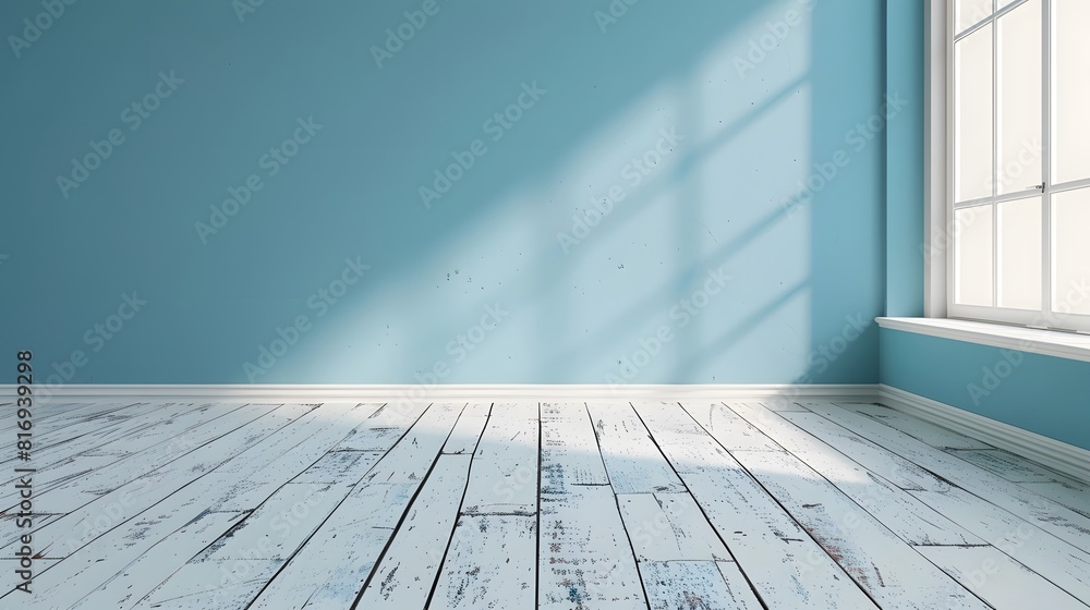 A light blue wall with a white wooden floor creates an empty room background. A web banner with empty space.
A light blue wall with a white wooden floor creates an empty room background. A web banner with empty space.