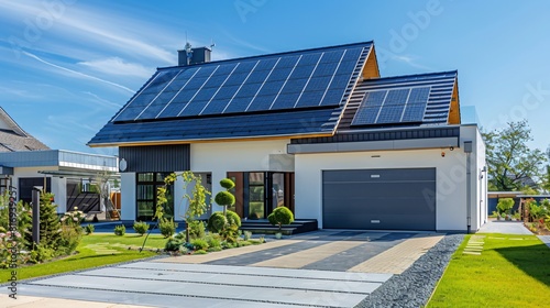 suburban house with photovoltaic system background