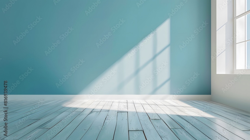 A light blue wall with a white wooden floor creates an empty room background. A web banner with empty space.
A light blue wall with a white wooden floor creates an empty room background. A web banner with empty space.