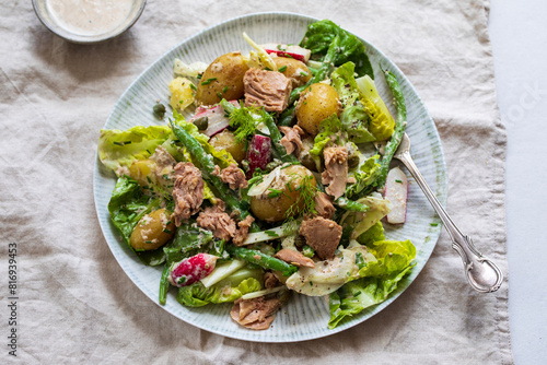 Tuna salad with baby potatoes, lettuce, green beans and radishes