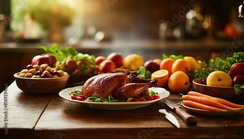 A wooden dining table filled with various food items such as meat (possibly turkey or duck), apples, oranges, carrots, and a knife for meal preparation. photo