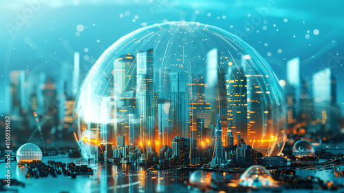 Futuristic urban cityscape with tall skyscrapers enclosed in a large  transparent dome. The city glows with vibrant blue and orange lights  symbolizing advanced technology and innovation.