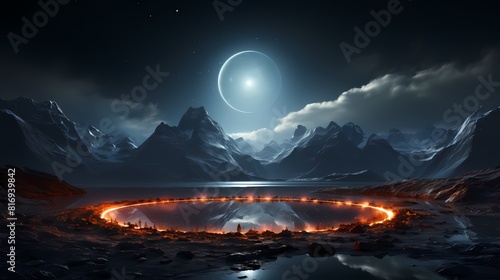 Digital technology black circle mountains landscape poster background