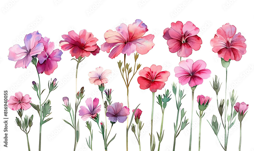 Obraz premium Watercolor illustration of vibrant pink wildflowers with green leaves, detailed petals, and natural botanical elements