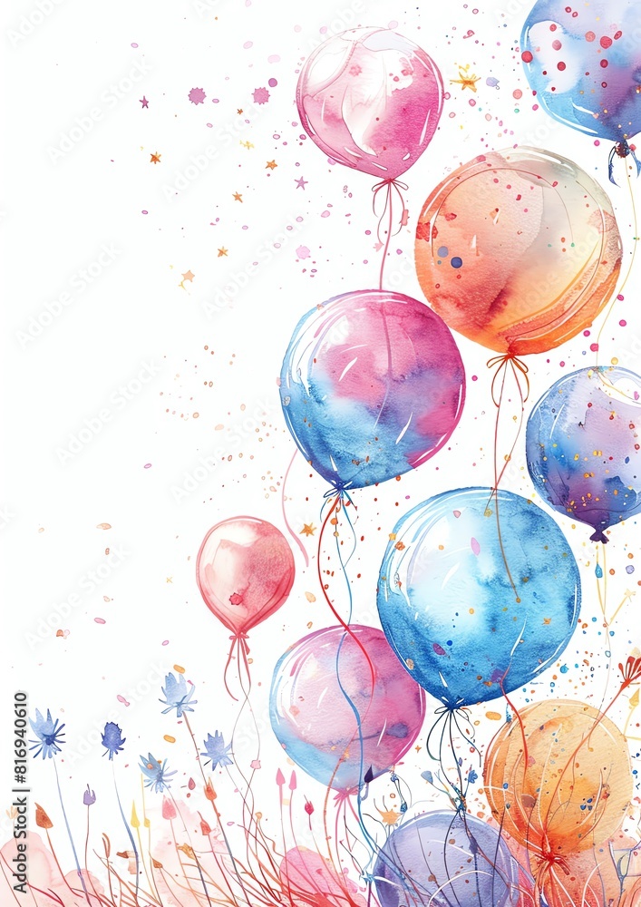 Watercolor painting of a bunch of balloons in various pastel colors with watercolor splatters and glitter Watercolor painting of a bunch of balloons in various pastel colors with watercolor splatters and glitter