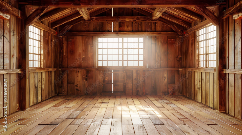A cozy, empty wooden cabin interior with warm lighting, exposed beams, and large windows allowing natural light to illuminate the space. The wooden floor and walls add rustic charm. A cozy, empty wooden cabin interior with warm lighting, exposed beams, and large windows allowing natural light to illuminate the space. The wooden floor and walls add rustic charm.