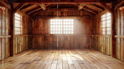 A cozy  empty wooden cabin interior with warm lighting  exposed beams  and large windows allowing natural light to illuminate the space. The wooden floor and walls add rustic charm.