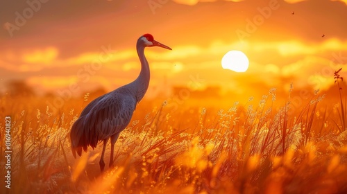 A majestic crane stands in a field of wheat as the sun sets behind it.