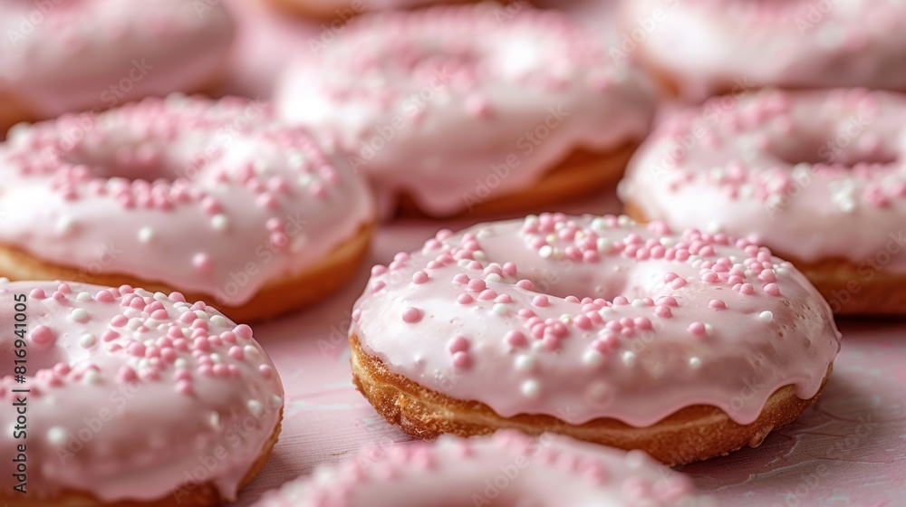 Tempting donuts gracefully floating in the air against a vibrant and vivid pink background Tempting donuts gracefully floating in the air against a vibrant and vivid pink background