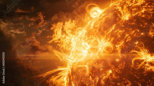 A powerful solar flare erupting from the surface of The Sun  with bright flames and energy emanating outwards into space against a black background. 
