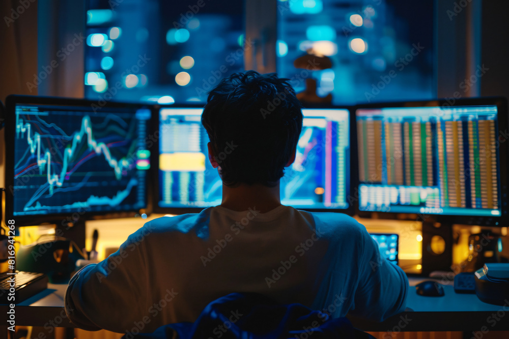 Man trading stock in front of computer. Generative AI. Man trading stock in front of computer. Generative AI.