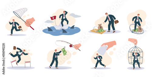 Catch businessman. Business challenges and financial pursuit, money bait trap and economic struggles isolated cartoon vector illustration set