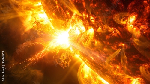 A powerful solar flare erupting from the surface of The Sun, with bright flames and energy emanating outwards into space against a black background.  © horizon