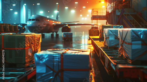 An aircraft is parked in a dimly lit airport cargo area with numerous parcels and packages wrapped in protective materials, being prepared for loading.