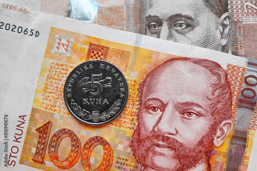 Coin and Croatian Kuna banknotes photo