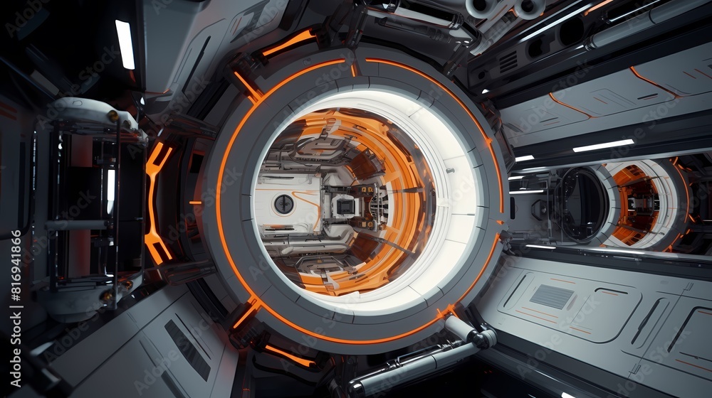 Fototapeta premium Digital technology orange and white space station ball poster background