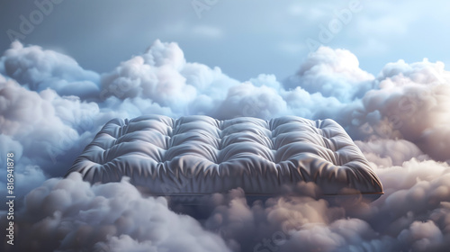 Image of a plush, tufted mattress floating among fluffy clouds in a serene, blue sky, emulating the feeling of comfort, softness, and relaxation. photo