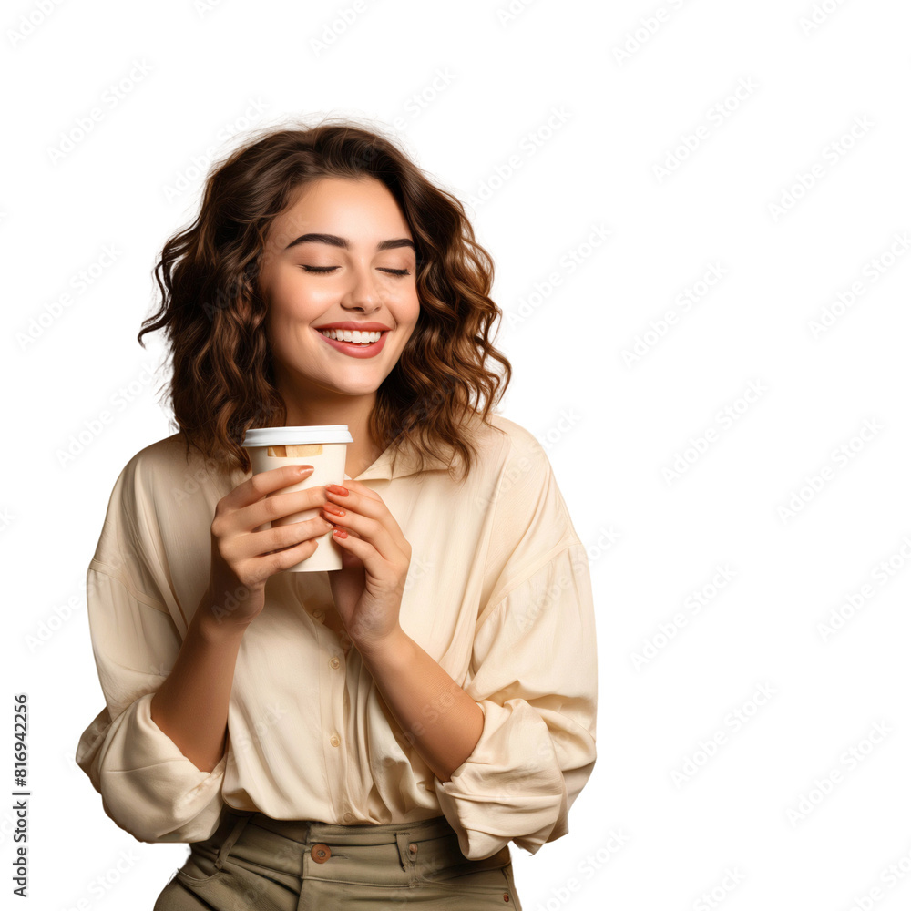 Smiling woman holding delicious a cup of coffee, woman drinking coffee isolated on transparent background Smiling woman holding delicious a cup of coffee, woman drinking coffee isolated on transparent background