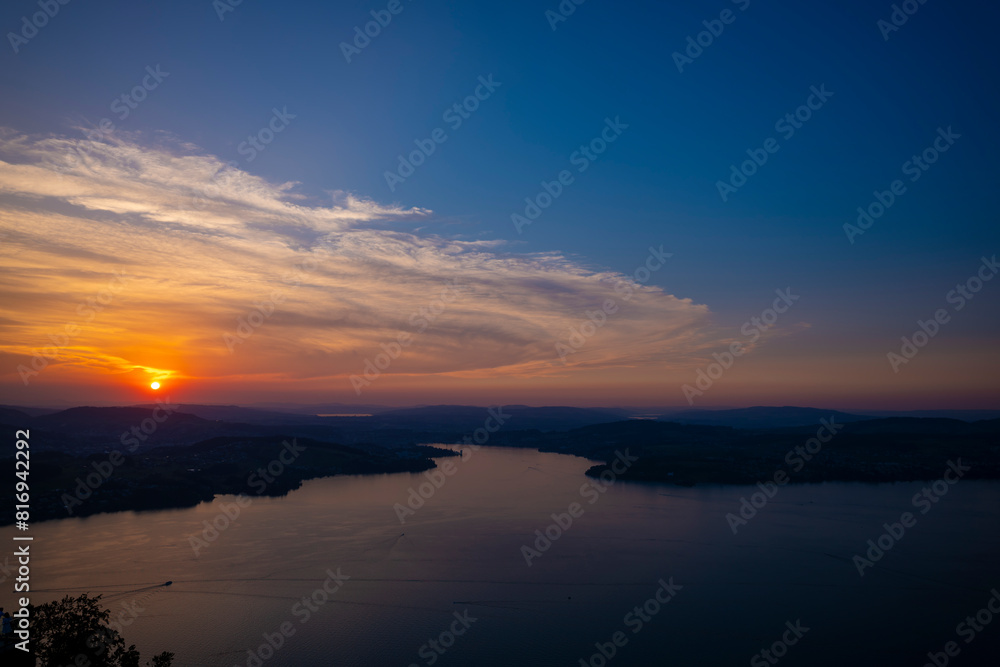 Aerial View over Lake Lucerne and Mountain in Sunset in Lucerne, Switzerland.