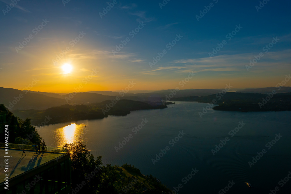 Aerial View over Lake Lucerne and Mountain in Sunset in Lucerne, Switzerland.