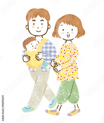 2人目妊娠中のママと長男を抱っこするパパの3人家族の手描きイラスト