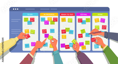 Kanban board with team hands. Agile software development process, project management system cartoon vector illustration