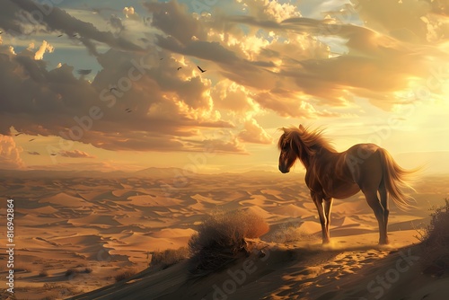 a cute horse in the desert with sunset