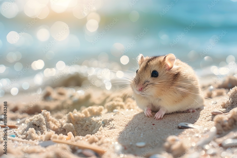 a cute hamster is on the beach