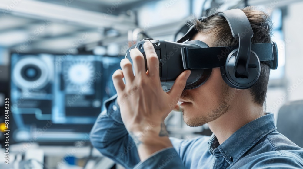A man wearing a virtual reality headset is seen working in a factory setting. A man wearing a virtual reality headset is seen working in a factory setting.