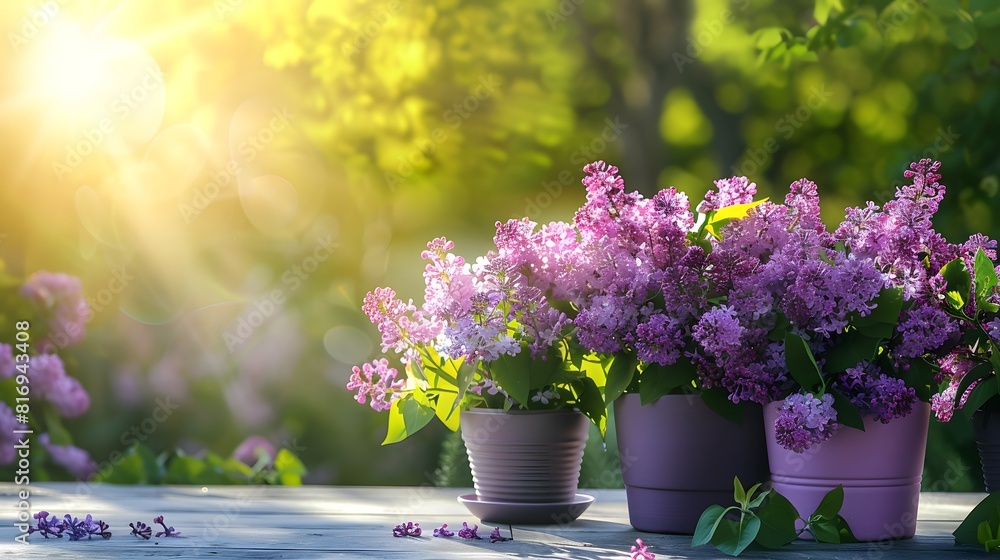 A vibrant spring scene with lilac flowers in full bloom, casting soft shadows on an outdoor table decorated with pots of fresh green plants and purple flowerpots.
A vibrant spring scene with lilac flowers in full bloom, casting soft shadows on an outdoor table decorated with pots of fresh green plants and purple flowerpots.