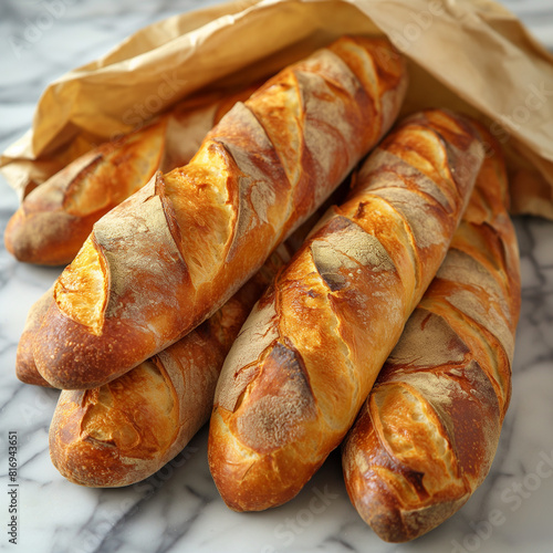 Assorted baked baguettes wrapped in a paper bag on a counter