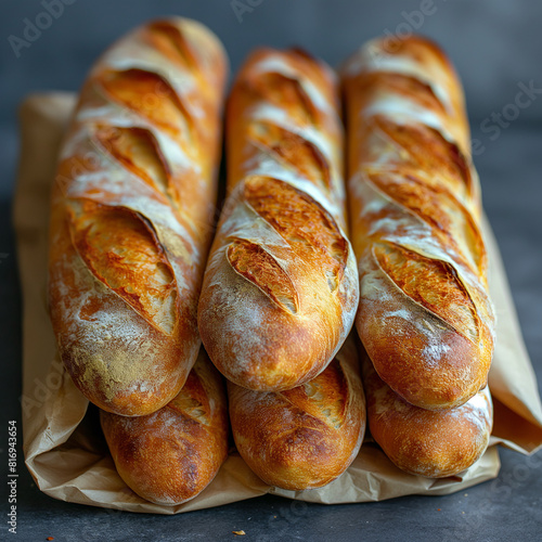 Stacked baked baguettes wrapped in a paper bag on a counter