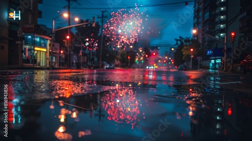 Rainy Night Street With Fireworks Reflections