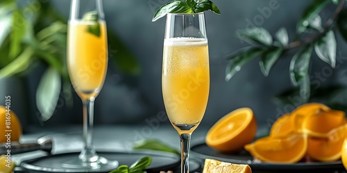 Elevated Brunch Experience: Sophisticated Bellini Cocktail in a Tall Champagne Flute. Concept Sophisticated Cocktails, Elegant Brunch, Bellini Recipe, Champagne Flute Decor