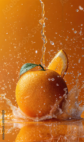 An orange, liquid poured onto the surface of the orange, causing water splashes on a bright orange background. 