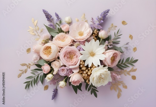 Creative layout bouquet made of various realistic flowers including rose lilly and other flowers with matellic colours with transparent luxrious background