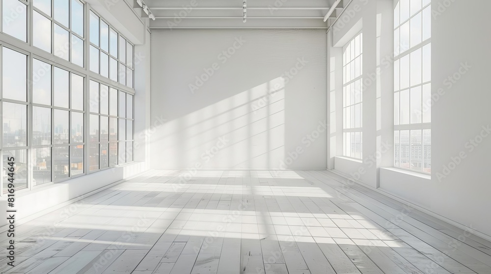 Photography studio with stark white walls and natural light, ideal for shoots, realistic digital painting Photography studio with stark white walls and natural light, ideal for shoots, realistic digital painting