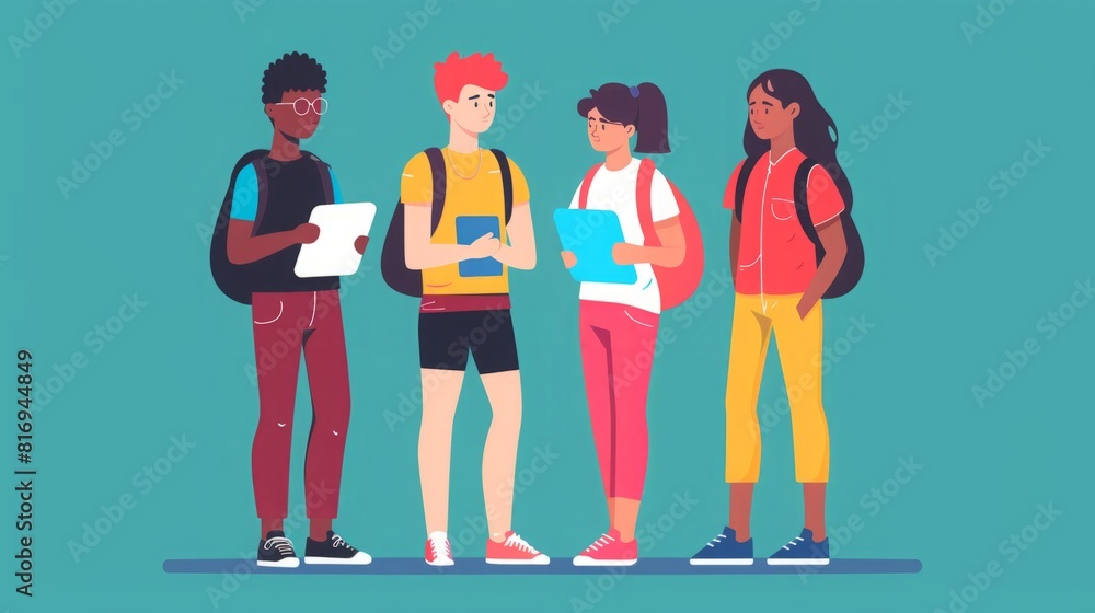 Fototapeta premium A diverse group of individuals wearing backpacks standing in a close-knit circle, outdoors.