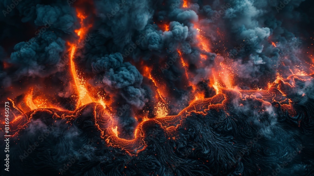 Intense close-up of lava eruptions and swirling smoke as metaphors for the chaos of overspending, set against a dark isolated background
