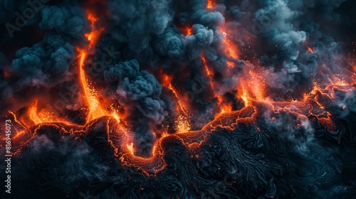 Intense close-up of lava eruptions and swirling smoke as metaphors for the chaos of overspending  set against a dark isolated background