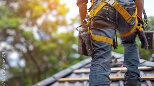 Intense close-up of a roofer wearing a safety belt, actively working on roof repairs, highlighting safety and precision © Paul