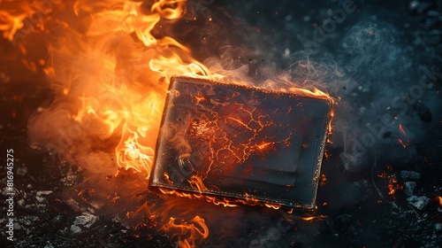 Intense close-up of a burning leather wallet, lava and smoke swirling around, set dramatically against a dark, isolated sky photo