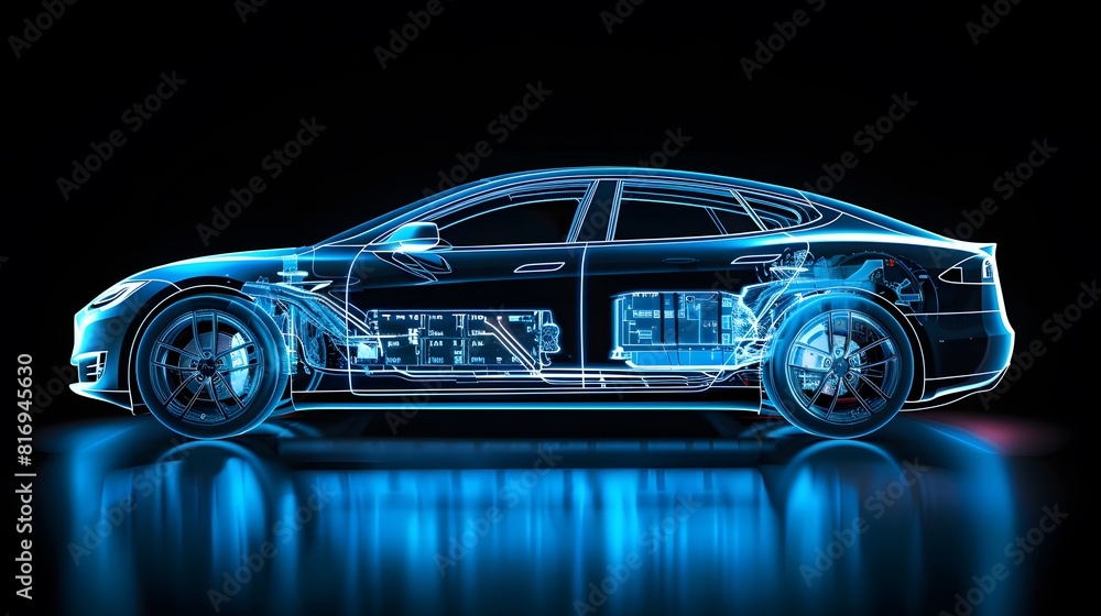 An electric car with an illuminated transparent blue body, showing the internal structure of its power system and battery in detail.
